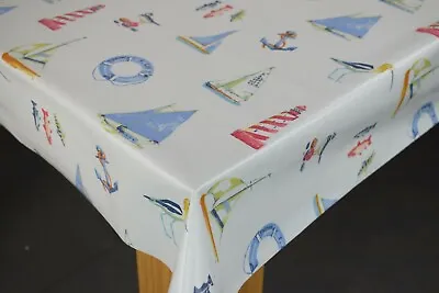 Fryetts Nautical Buoys Boats Cotton PVC Fabric WIPE CLEAN Tablecloth Oilcloth • £8.99