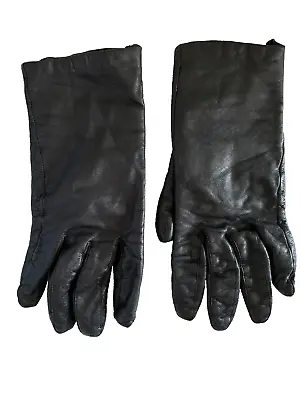 Vintage Black Genuine Leather Beige Cashmere Lined Gloves Size L Large • $8