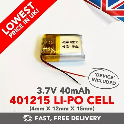 3.7V 40mAh Li-Po Battery (401215) Rechargeable High Capacity Tablet + Device • £4.39