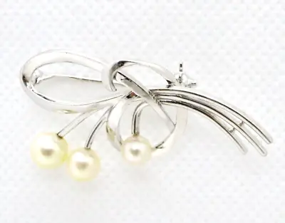 Mikimoto Akoya Pearl Sterling Silver Brooch With 3 Pearls  42mm-Width Japan • $89