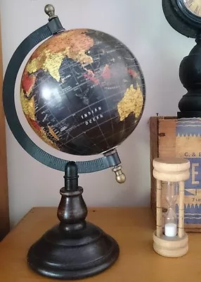 Vintage Style 25cm High Black Spinning World Globe Map Earth Metal Timber Stand • $45.95