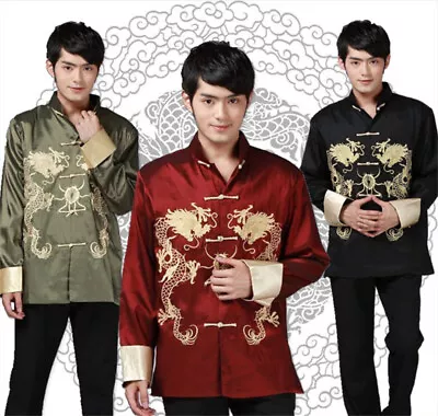 £21.78 • Buy Chinese Mens Tang Suit Kung Fu Satin Dragon Top Long Shirt Stand Collar Costume