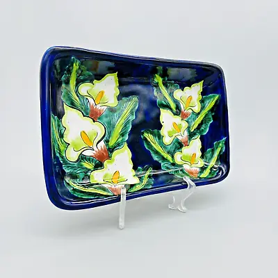 White Cala Lily/Cobalt Blue Hand Painted Castillo Mexico Baking Dish Lead Free • $29.99