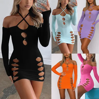 New Women Fashion Bodycon Solid Long Sleeves Mesh Hollow Out Club Dress Sexy • $21.91