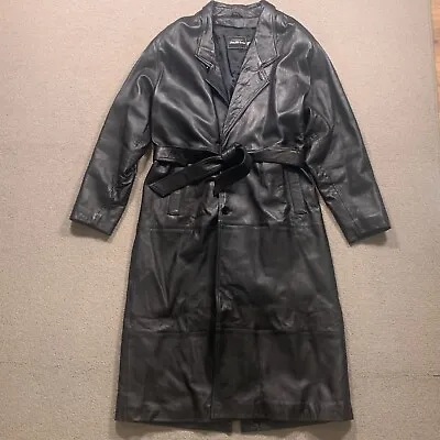 Saks Fifth Avenue Coat Men 44 Black Leather Trench Belted Soft Pockets Long • $124.44