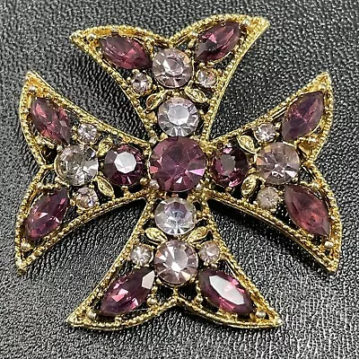 Vintage 2” Maltese Cross Purple Crystal Rhinestone Brooch Pin • $4.99