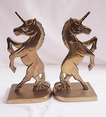 Pair Of Vintage Brass Rearing Unicorns Bookends 7.5  Fantasy Mythical Creatures • £37.99