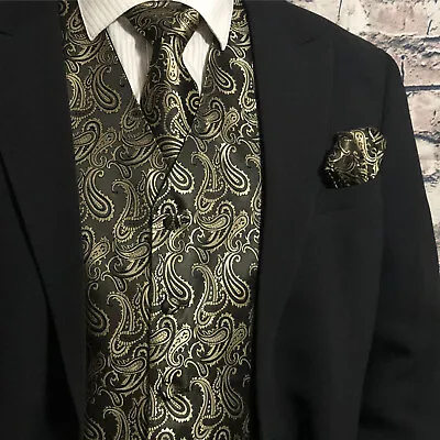 New Style Men's Paisley Dress Vest And Neck Tie Hankie Set For Suit Or Tuxedo • $26.33