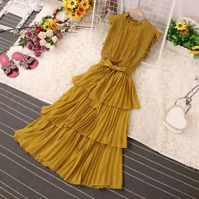 French Women Dress Belt Lace Up Pleated Summer Ruffles Sleeveless Round Neck New • $56.94