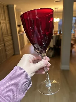 1 Murano Art Glass Hand Blown Clear Ribbed Stem Tall Wine Glass Ruby RED 9.75” • $13.99