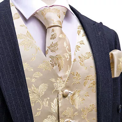 Formal Vest Tie Set Paisley Mens Silk Waistcoat Tuxedo Gilet Hankie Cufflinks • $25.99