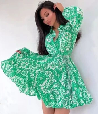 £26.99 • Buy Zara Green Paisley Floral Print Short Shirt Dress Voluminous Skater Ruffled Hem