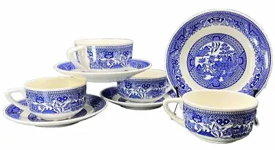 Willow Ware Flat Tea Cup & Saucer 4 Sets Royal China Blue & White Oriental Vtg • $34.99