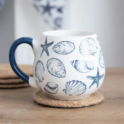 Nautical Themed Beach Ceramic Chunky Rounded Gift Mug - White Blue Sea Shells • £13