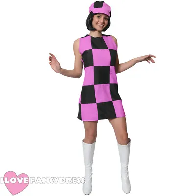 £16.99 • Buy Pink And Black 60s 70s Party Girl Fancy Dress Costume Ladies Shift Dress & Hat