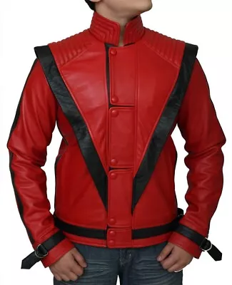 Men's Red MJ Thriller Michael Jackson Real Leather Jacket Vintage Style • $155