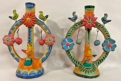 Vintage Pair Of Puebla Indian Painted Pottery Candelabras Mexico Ca 1930-1960s • $159