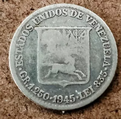 SILVER - WORLD Coin - 1945 Venezuela 2 Bolivares - World Silver Coin BEAUTIFUL • $1