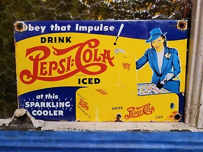 Vintage Pepsi Cola Porcelain Sign Soda Pop Beverage Ice Cooler Restaurant Drink • $175.89
