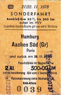 Germany 1978 Vintage Train Ticket - Hamburg / Aachen Sud / Paris • $4.99