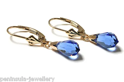 9ct Gold Blue Swarovski Crystal Elements LeverBack Earrings Made In UK Gift Box • £78.99