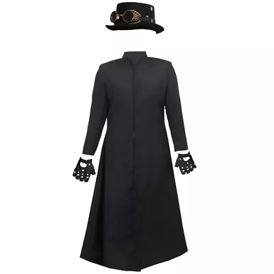 Mens Steampunk Costume Black Duster Coat Hat Gloves Victorian Fancy Dress Outfit • £29.99