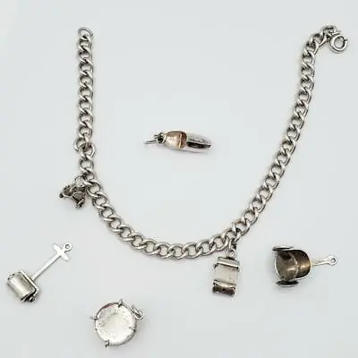 Sterling Silver Charm Lot W Bracelet Bread Box Scooter Roller Toy Carriage Drum • $34.99