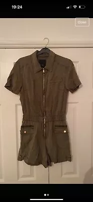 River Island Khaki Drill Short Sleeve Feature Zip Front Shorts Playsuit. Uk 8 • £0.99