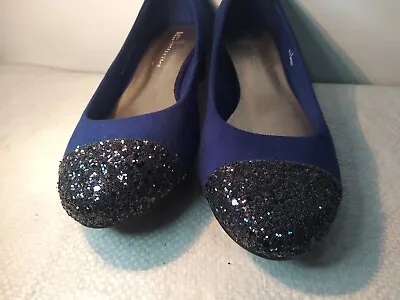 M&S Blue Velvet & Glitter Heels - Size 7 UK Court Shoes Slip On STUNNING LOVELY • £4.99