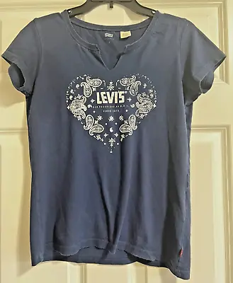 Levis Navy Blue T-Shirt With V-Notch Levi Logo Paisley Designs Sz. S • $7.79