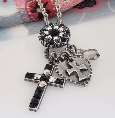 MARIANA  Tuxedo  Black Cross Heart Floral Charm Dangle Pendant Chain Necklace • $79.30