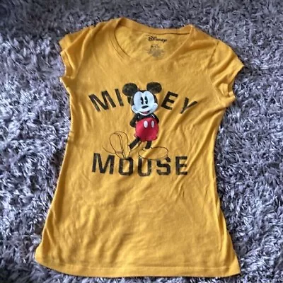Disney Womens Mickey Mouse Tee SZ Junior S(3-5) Mustard W/ Iconic Mickey • $6.50