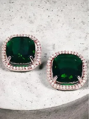 2Ctw Cushion Lab-Created Emerald Diamond Halo Stud Earrings 14K Rose Gold Plated • $149.99