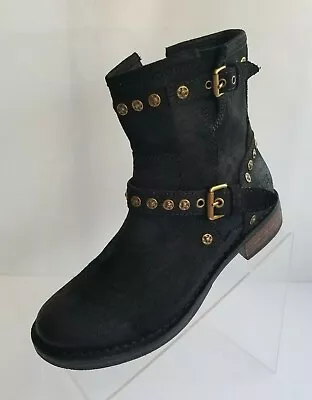 UGG Fabrizia Boots Mid Calf Black Leather Studs Zip Round Toe Buckle Straps 6.5 • $99.95