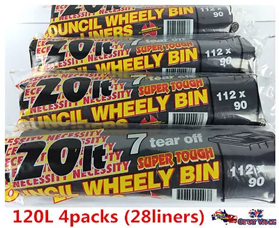 Black 120L Rubbish Garbage Bags Council Wheelie Bin 28 Liners Wholesale (4PK) • $11.99