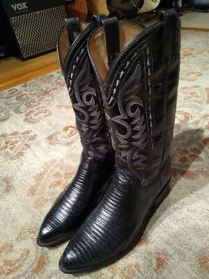 Dan Post Black Teju Lizard & Leather Upper R Toe Cowboy Boots #16830 Men's 8.5d • $59.95