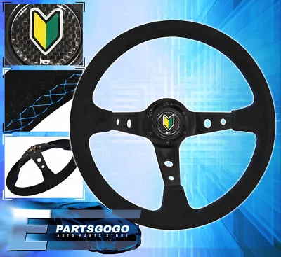 Universal 350mm Jdm Steering Wheel Suede Leather Blue Stitching Deep Dish 6 Bolt • $49.99