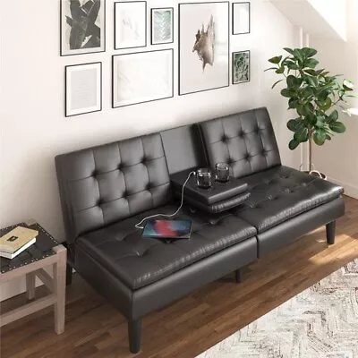 Mainstays Memory Foam Futon With Cupholders And USB Black Faux Leather • $277