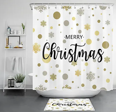 Gold Silver Snowflakes Merry Christmas Shower Curtain Bathroom Accessories Set • $38.50