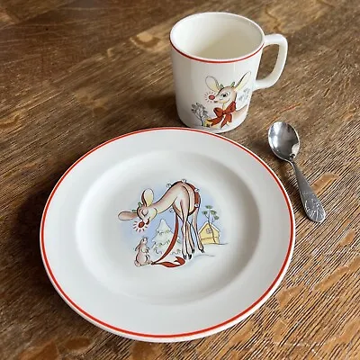 Vintage Rudolph The Red-Nosed Reindeer Plate Mug Spoon Mid-Century Modern • $174.99