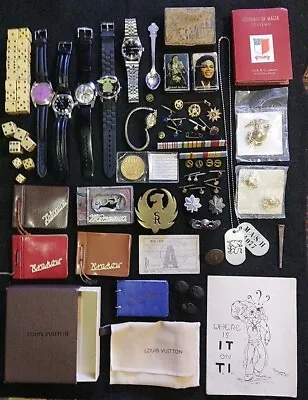 $34.95 • Buy Vtg JUNK DRAWER LOT  Watches Military Souvenir Sturm Ruger Brass Belt Buckle 