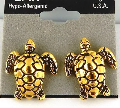 Vintage Gold Plated Pewter Jewelry Sea Turtle Post Stud Earrings • $12.99