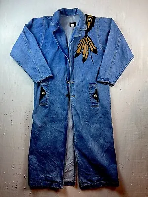 Sunbelt Long Denim Jean Jacket Duster Oversized S/M Feather Embroidered Vintage • $110