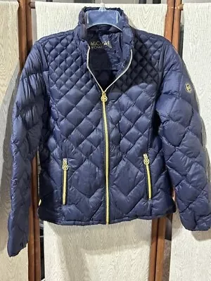Women's Michael Kors Navy Blue Gold Zippers Packable Down TOP Jacket L MUST SEE! • $19
