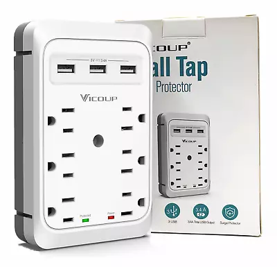 VICOUP 6 Outlet Extender Surge Protector Multi Plug 3 USB Wall Adapter Tap 1080J • $13.97