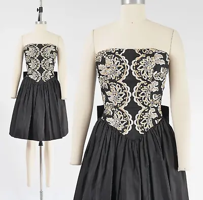 Vintage 80s Black Embroidered Strapless Gunne Sax Party Dress With Bow XS As Is • $25