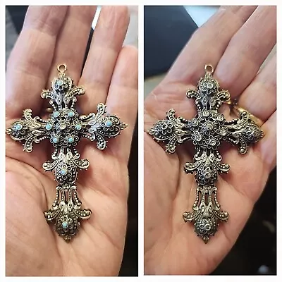 One Antique Victorian Double-sided Cross 3-D Pendant Turquoise & Marcasites • $25