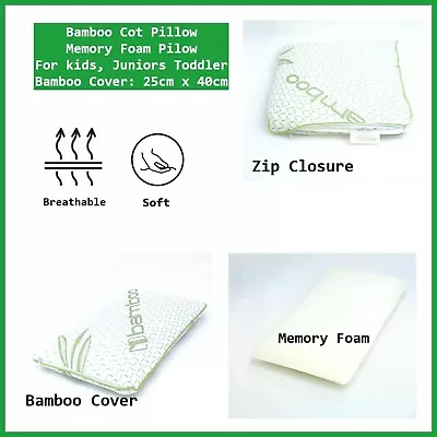Bamboo Memory Foam Cot Pillow Kids Juniors Toddler With Organic Bamboo Cover. • £7.99