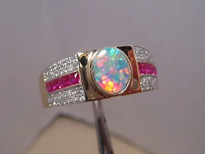Men's  Opal Ring With Diamond And  Ruby   Solid  14k Yellow Gold • $1200