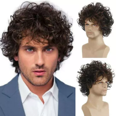 £8.63 • Buy Mens Dark Brown Short Curly Wavy Wigs Natural Cosplay Party Pop Retro Full Wig